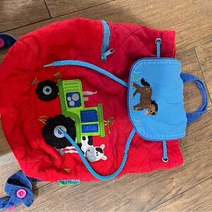 Red Kids Backpack with Blue Flap and Farm Tractor Patch